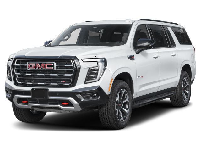 Front 3/4 view of a white 2024 GMC Yukon AT4 with black trim, red accents, and all-terrain tires.
