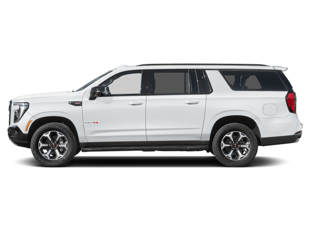 Side profile of a white GMC Yukon AT4 SUV with black trim and six-spoke wheels, on a black background.