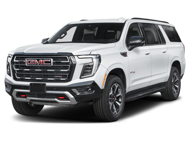 Front 3/4 view of a white 2024 GMC Yukon AT4 with black trim, red accents, and all-terrain tires.