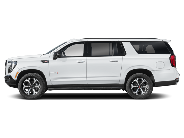 Side profile of a white GMC Yukon AT4 SUV with black trim and six-spoke wheels, on a black background.