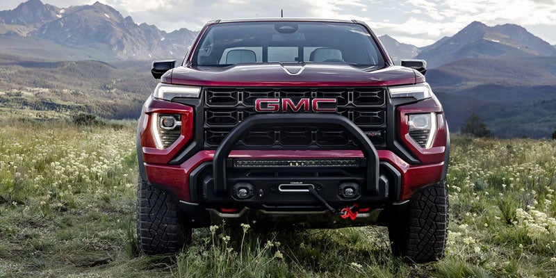 Front full view of a red GMC pickup truck with a brush guard parked in a field with mountains in the background.