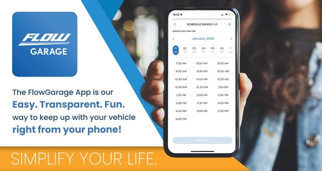 FlowGarage app on a phone showing a service scheduling screen with text Easy. Transparent.
Fun. Simplify Your Life.